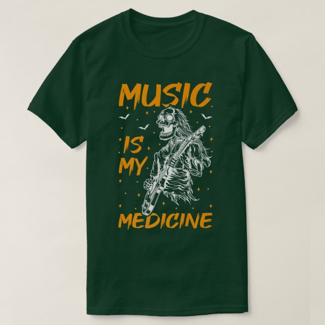 Camiseta Music Is My Medicine Skeleton Playing Guitar Hallo (Frente do Design)