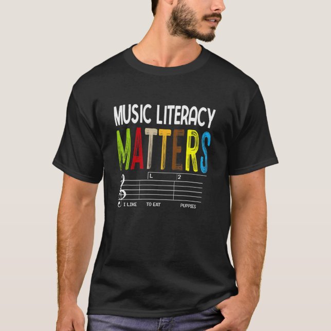 Camiseta Music Literacy Matters I Like To Eat Puppies Retro (Frente)