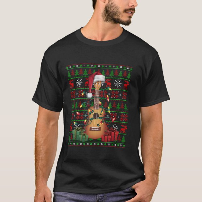 Camiseta Music Lover Xmas Luz Ukulele Ugly Musical Chris (Frente)