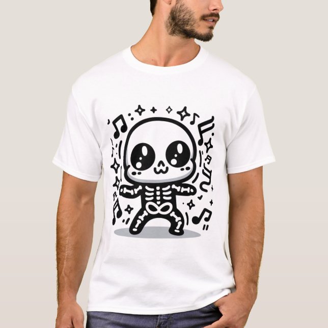 Camiseta Música de Kawaii Halloween, Esqueleto de dança ele (Frente)