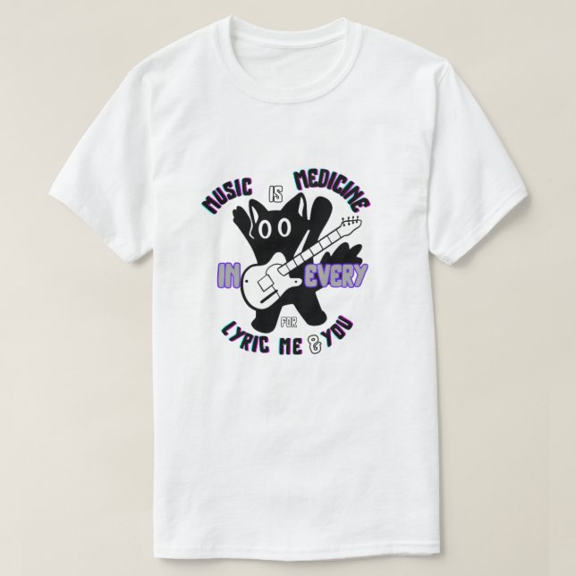 Camiseta Música É Medicina - Design de Violão Gato (Frente do Design)