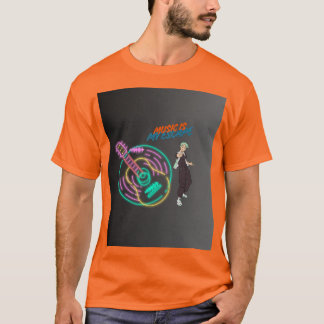 Camiseta Música É Meu Escape – Guitarra Neon e Anime Boy 