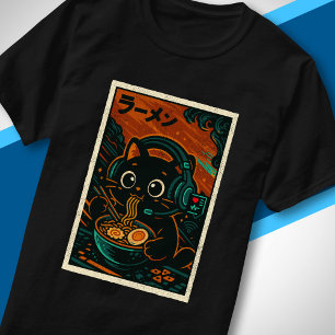 Camiseta Música Japonesa Fones de Ouvido Retro Ramen Gato F