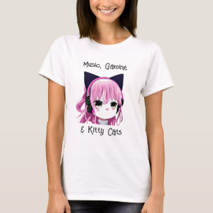 Camiseta Música, Jogos e Gatinhos   Menina de anime