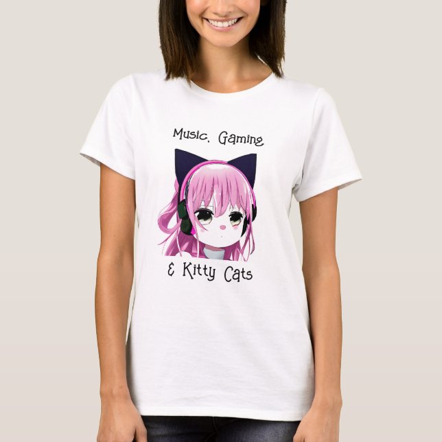 Camiseta Música, Jogos e Gatinhos | Menina de anime (Frente)