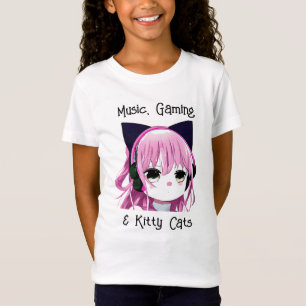 Camiseta Música, Jogos e Gatinhos Menina de anime