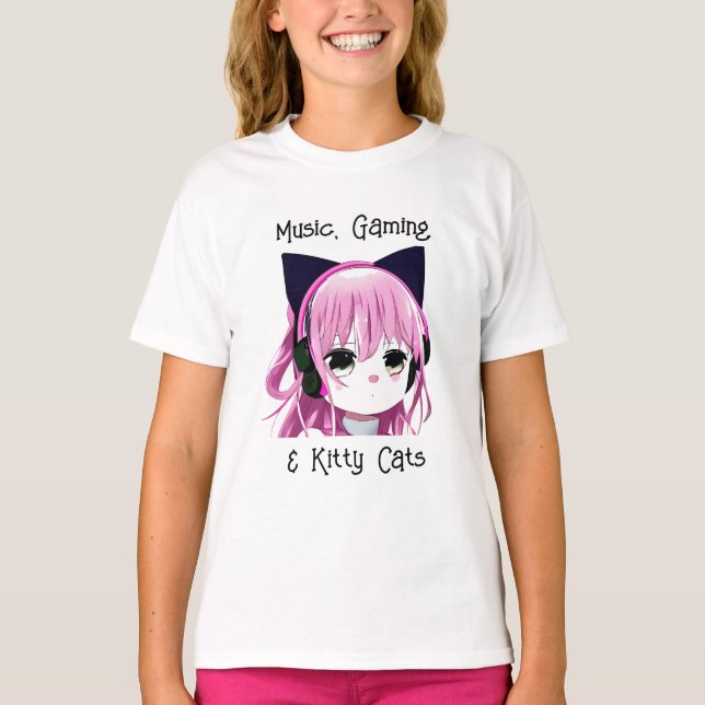 Camiseta Música, Jogos e Gatinhos | Menina de anime (Frente)