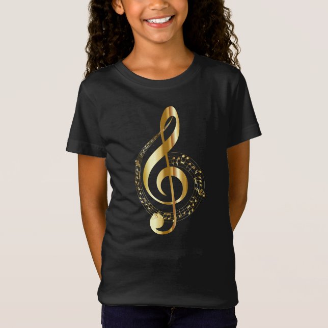 Camiseta Música, música, música, treble clef em ouro, (Frente)