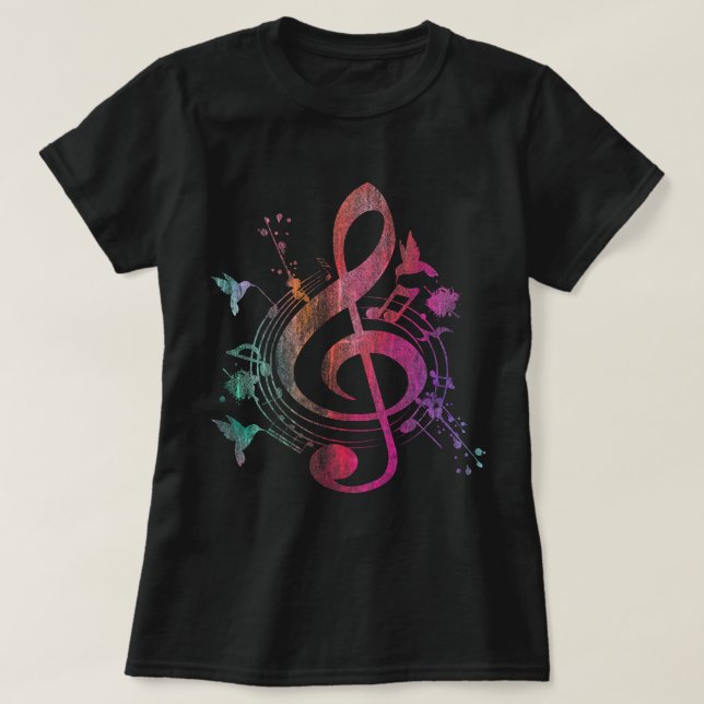 Camiseta Musical Instrumento Pássaros Treble Clef (Frente do Design)