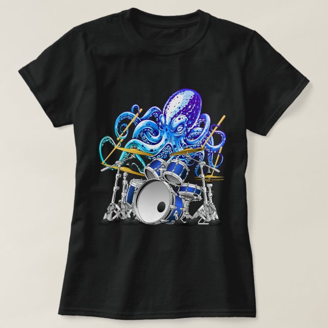 Camiseta Musical Octopus Drummer Mítico Mar Serpente Placa (Frente do Design)