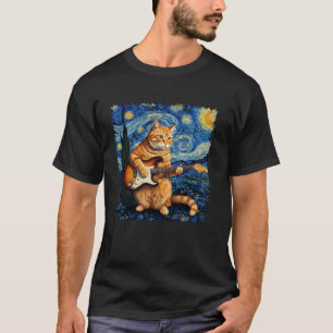 Camiseta Músico Gato Laranja Tocando Guitarra Elétrica em S