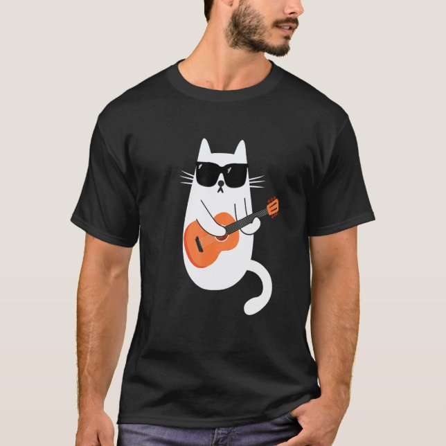Camiseta Músico Gato Usando Óculos de Sol Tocando Violão (Frente)