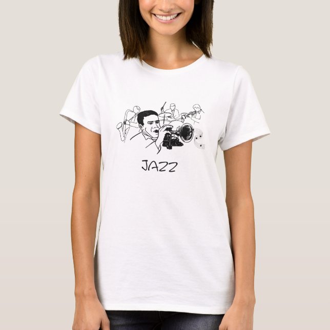 Camiseta Músico JAZZ com trompete e notas musicais (Frente)
