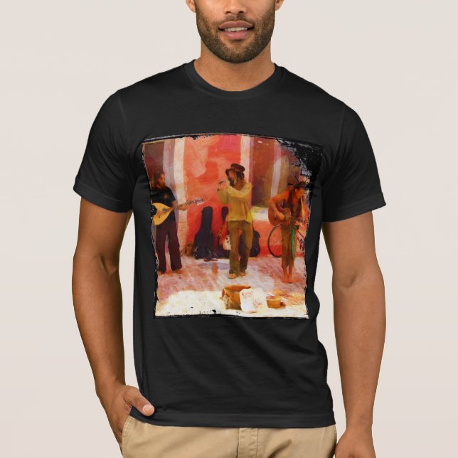 Camiseta Músicos de rua tocando guitarra mandolim e flauta (Frente)
