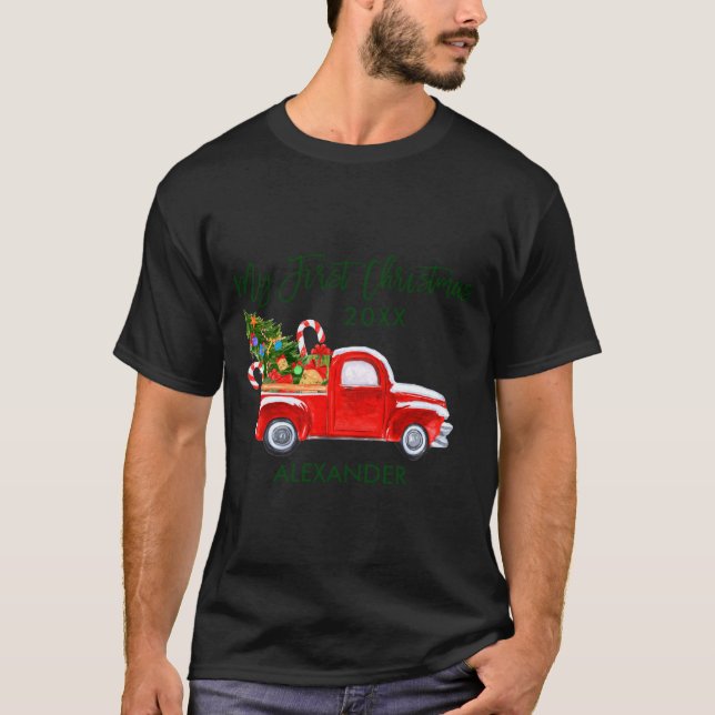 Camiseta My First Christmas Red Truck Candy Canes Gray Baby (Frente)