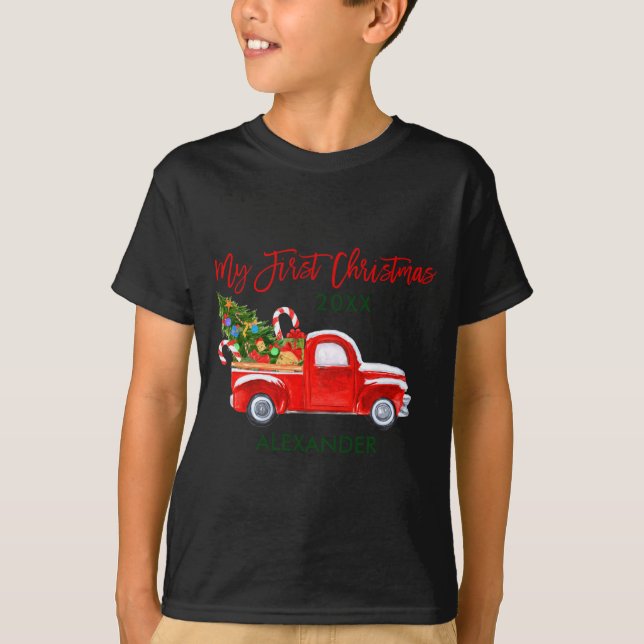Camiseta My First Christmas Truck Candy Canes Green Red Bab (Frente)