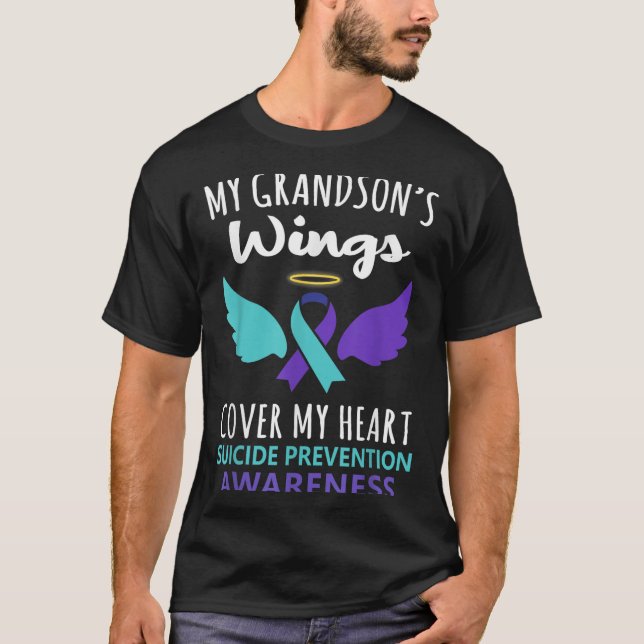 Camiseta My Grandson's Wings Cover Heart Suicide Awareness  (Frente)