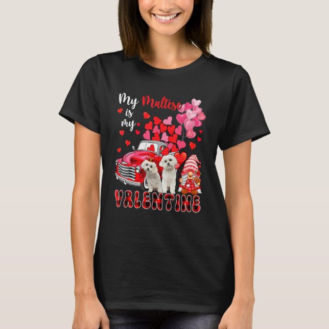 Camiseta My Maltese Is My Valentine Two Dogs With Gnome Pic (Frente)
