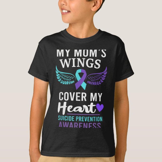 Camiseta My Mom's Wings Cover Heart Suicide Awareness Ribbo (Frente)