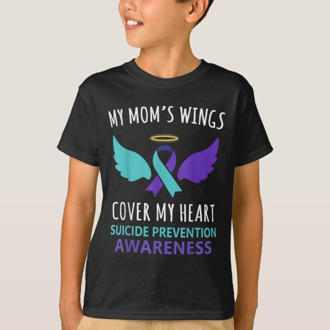 Camiseta My Mom's Wings Cover Heart Suicide Awareness Ribbo (Frente)
