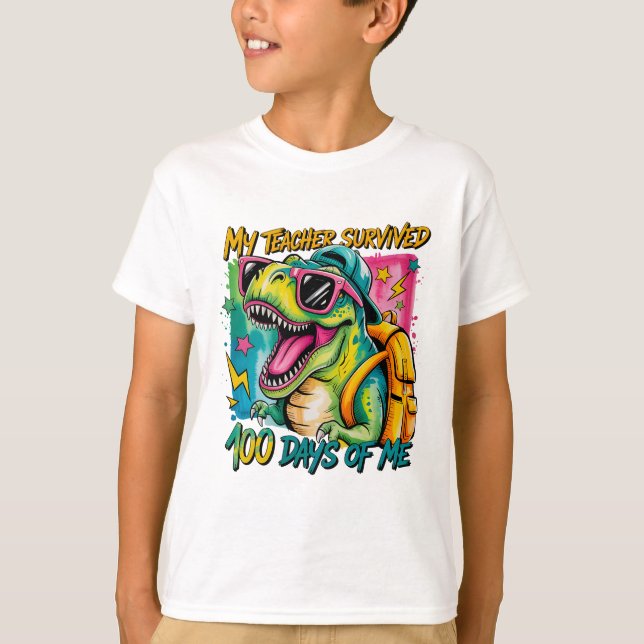 Camiseta My Teacher Survived 100 Days of Me Dinosaur Shirt (Frente)
