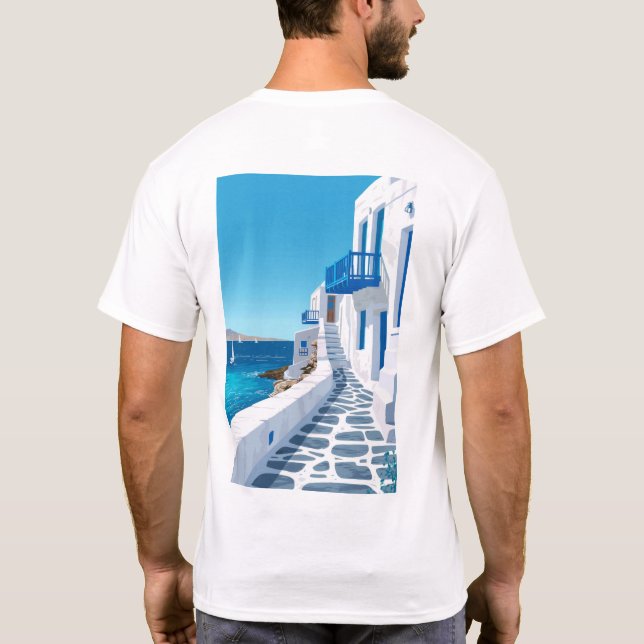 Camiseta Mykonos Atordoante Poster do Mar Azul (Verso)