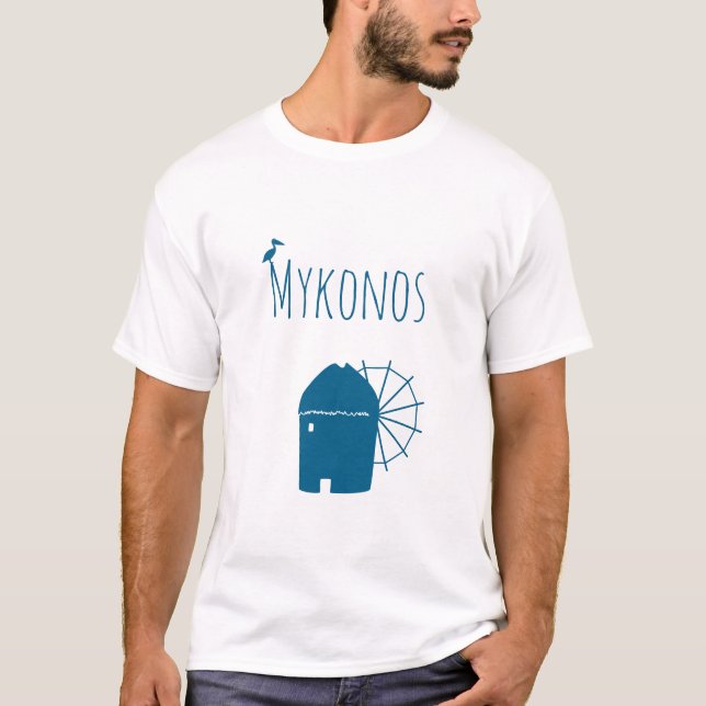 Camiseta Mykonos, Grécia: Iconic Windmill e pássaro pelican (Frente)