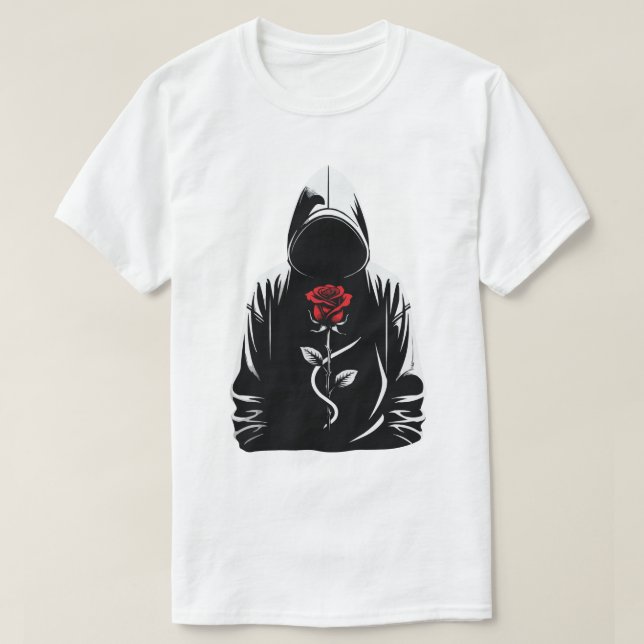 Camiseta Mysterious Hooded Figure with Red Rose – Dark Love (Frente do Design)