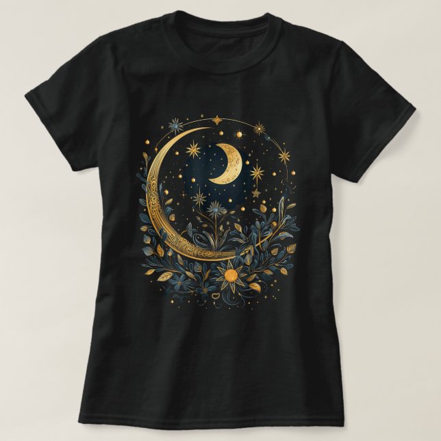 Camiseta Mystic Sun and Moon Floral Celestial Art (Frente do Design)