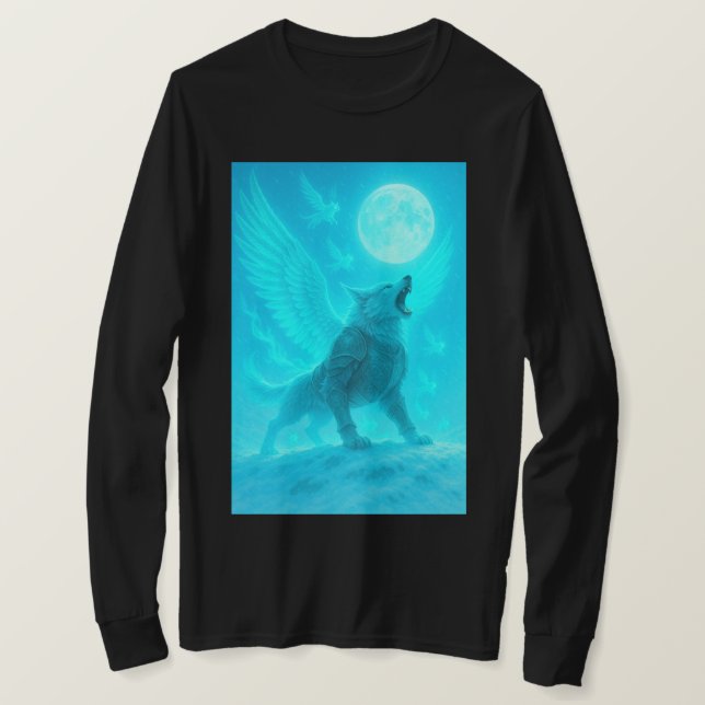 Camiseta Mystic Winged Wolf Howling at the Moon (Frente do Design)