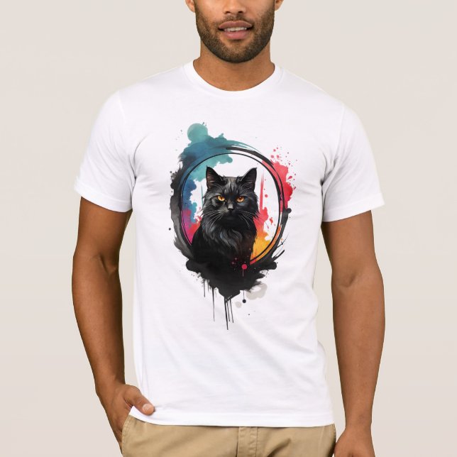 Camiseta Mystical Black Cat Watercolor Bold e Artístico (Frente)