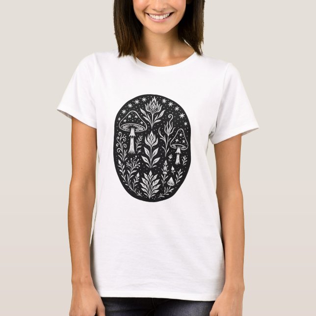 Camiseta Mystical Boho Mushroom Design – Botanical Folk Art (Frente)