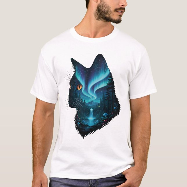 Camiseta Mystical Cat Northern Lights Forest Silhouette  (Frente)