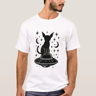 Camiseta Mystical Cat on UFO with Stars & Moons