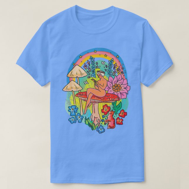 Camiseta Mystical Floral Mushroom Girl With Cat Rainbow Co (Frente do Design)