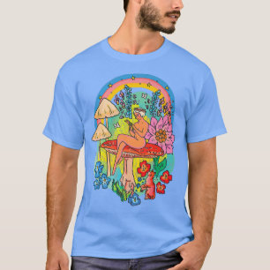 Camiseta Mystical Floral Mushroom Girl With Cat Rainbow Co