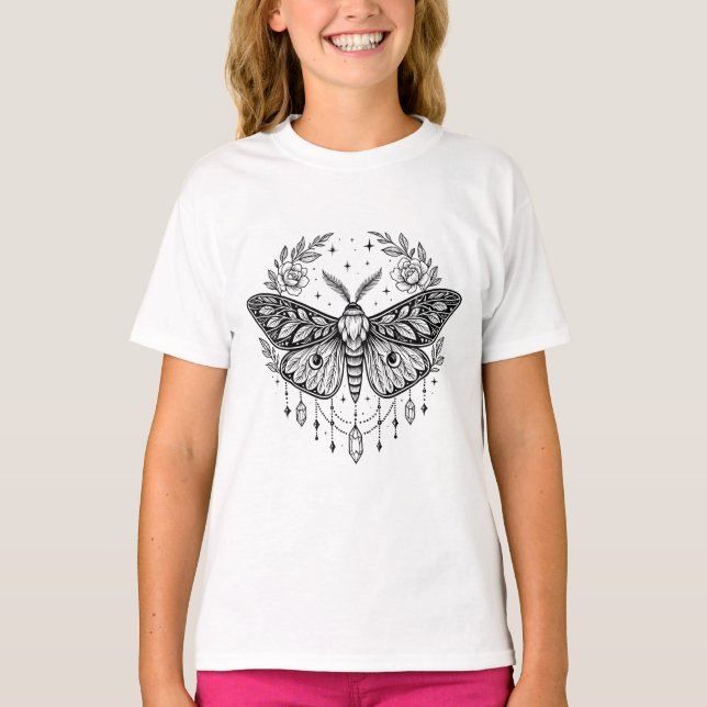 Camiseta Mystical Gothic Moth Botanical Celestial Line Art  (Frente)