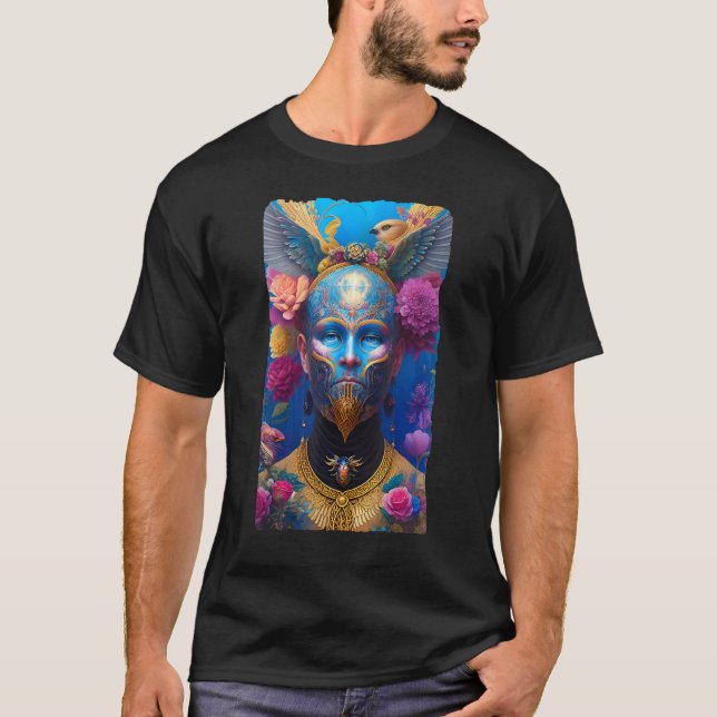 Camiseta Mystical Man with Blue Painted Face and Flowers AI (Frente)