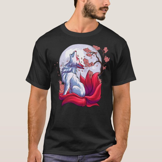Camiseta Mystical Nine-Tailed Fox Under Moon Cherry Blossom (Frente)