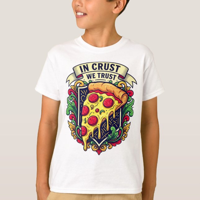 Camiseta "Na Crust Confiamos" Pizza Engraçada (Frente)