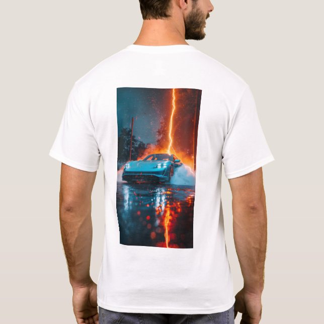 Camiseta Na moda 2021 Porsche Taycan 4S Light Blue Car T-Sh (Verso)