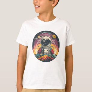 Camiseta na moda arte com astronauta desenhado voando no es