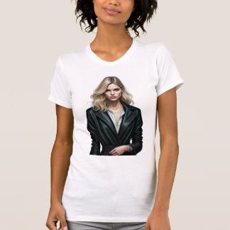 Camiseta Na moda mulher no Casaco de couro preto
