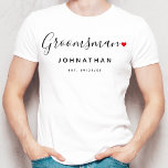 Camiseta Na moda Padrinho de casamento Wedding<br><div class="desc">O presente perfeito para qualquer padrinho de casamento, a divertida e moderna design apresenta um roteiro de tipografia na moda com "Padrinho de casamento" com pequenos e fofos cheios de coração de amor vermelho para. A design é fácil de personalizar com um nome e data de casamento estabelecida e será...</div>