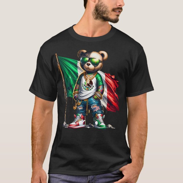Camiseta Na moda Teddy Bear Bandeira Mexicana México (Frente)