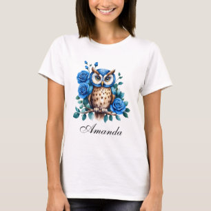 Camiseta Na moda Watercolor Blue Owl e Rosas
