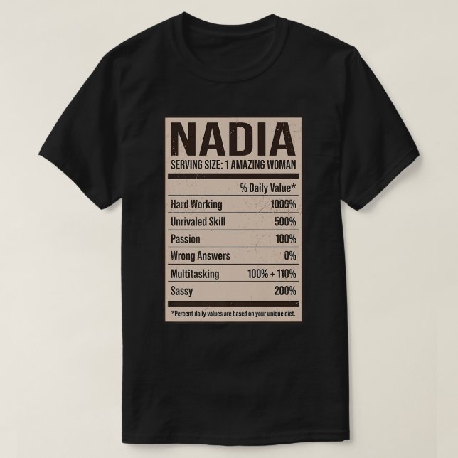 Camiseta Nadia Nutritrição Fatos Nome Nome Apelido Alias Tí (Frente do Design)