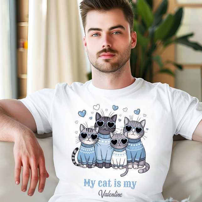 Camiseta Namorados de Gato Gato Gato-Gato Branco Nome Perso (Cute Cat Kitty Valentine Blue Men's Custom Name T-Shirt)