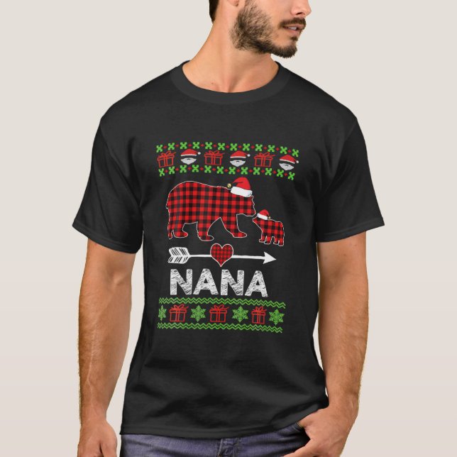 Camiseta Nana Bear Papai noel Pijama Da Família Xadrez Verm (Frente)