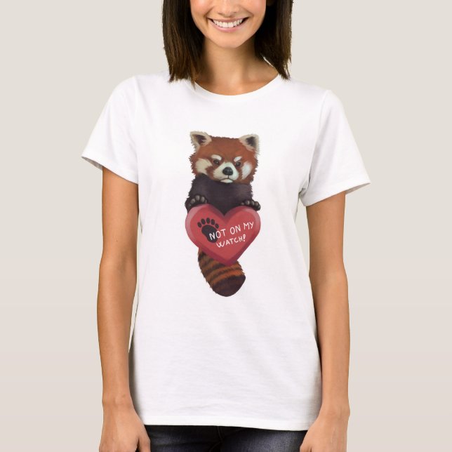 Camiseta Não em meu relógio - panda vermelha com coração (Frente)